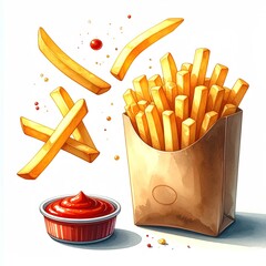 Golden French fries in paper container, ketchup