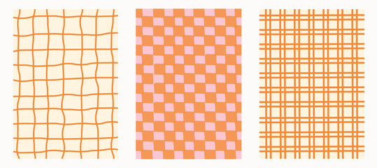 Retro checkered, plaid, and grid doodle backgrounds in warm orange and pink tones. Concept of vintage geometric textile, funky abstract pattern, playful decorative surface. Flat vector illustration.