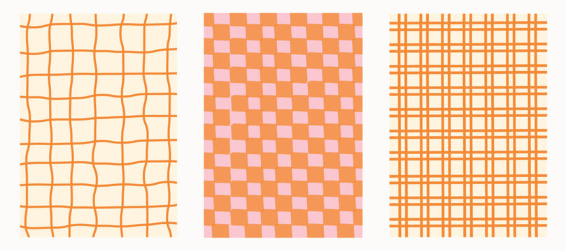Retro checkered, plaid, and grid doodle backgrounds in warm orange and pink tones. Concept of vintage geometric textile, funky abstract pattern, playful decorative surface. Flat vector illustration.