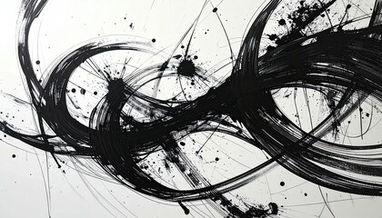 Abstract black ink swirls on white canvas (1)