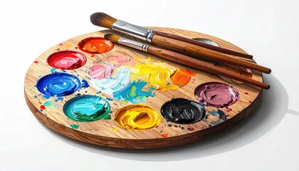Wooden artist's palette with colorful paints and brushes