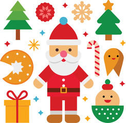 Vector art of cute flat design christmas elements including santa claus, christmas trees, gift box, candy cane, gingerbread cookie, and festive ornaments