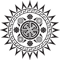 Intricate black and white circular sun symbol with geometric patterns