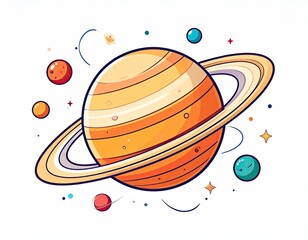 Cartoon ringed planet in space with other celestial bodies