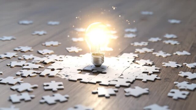 Glowing Light Bulb Surrounded by Puzzle Pieces on Wooden Surface Showcasing Innovation Creativity and Problem Solving in Warm Light