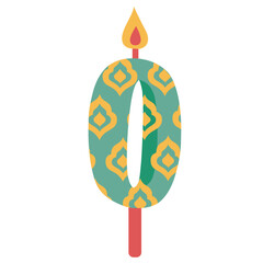 Green and yellow number 0 candle with flame, birthday decoration illustration ideal for decade or milestone themes.

