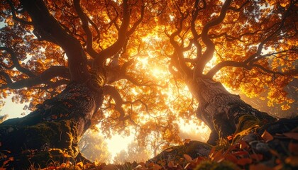Golden autumn trees, sunlight through branches