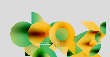 Abstract geometric shapes overlap. Yellow, green gradients create dynamic composition. Modern design element for backgrounds.