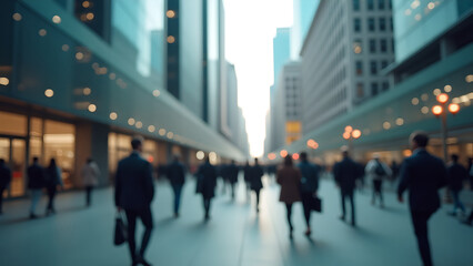 Blurred image of city street with modern skyscrapers, people walking to work, urban lifestyle, blur effect.
