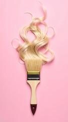 Blonde Hair with Paintbrush on Pink Background.