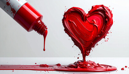Red paint tube squeezing out thick heart shape creative concept minimal white background artistic emotional love passion glossy texture modern art