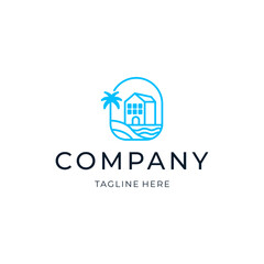 Line art beach hotel logo design. simple bulding icon illustration vector