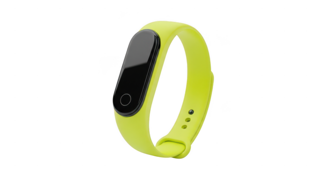 Bright yellow fitness tracker bracelet with a black screen isolated on transparent background