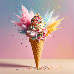 Waffle cone with creamy ice cream topped with colorful candy sprinkles, bursting with vibrant powder explosions, creating joyful and playful dessert scene