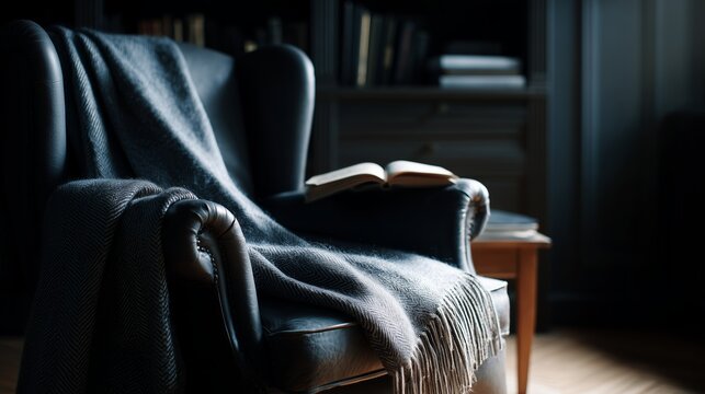 Cozy reading corner with armchair, blanket, and open book in soft light