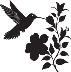 Obraz premium Hummingbird hovering at flower black clipart, flat vector illustration