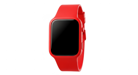 Modern red digital wristwatch with black screen isolated on transparent background