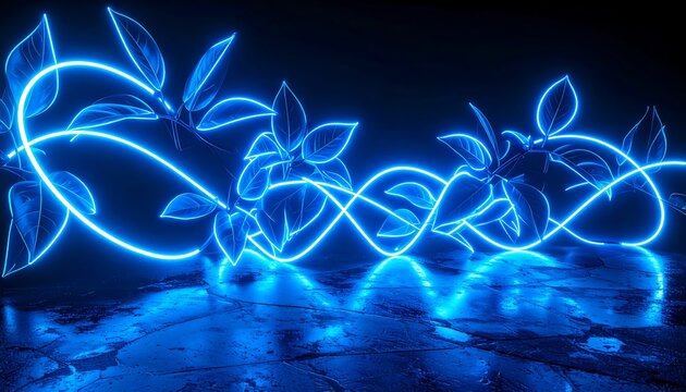 Neon blue vine with leaves on dark surface