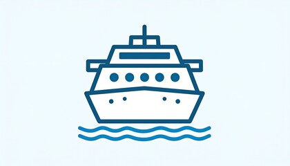 Simple, front-view, line art cruise ship on light blue waves