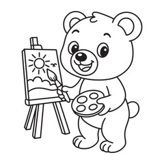 line art of a cartoon bear holding a color palette and painting a picture on canvas vector