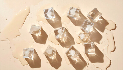 Minimalist top view of transparent ice cube on pastel beige background with soft natural light and melting water, creating refreshing and calm atmosphere