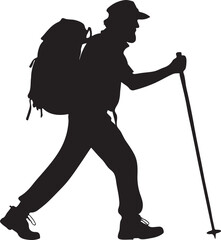 Hiker walking with back bag stick black clipart, flat vector illustration
