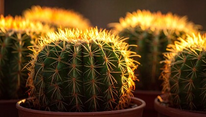 Golden Hour Sunlight Illuminates Round Green Cacti Growing in Terracotta Pots