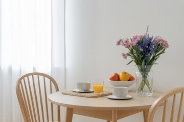 Bright morning table setting with fresh fruit and flowers creating a peaceful ambiance