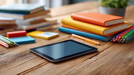 Tablet, notebooks and school supplies on wooden desk in classroom or study room. tablet, colorful flashcards, and school books. concept of modern and traditional education