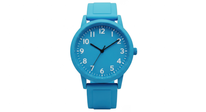Bright blue oval wristwatch with white numbers isolated on transparent background