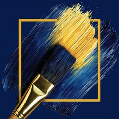 A gold paintbrush strokes vibrant blue and yellow hues within a golden frame, showcasing an abstract artistic expression.