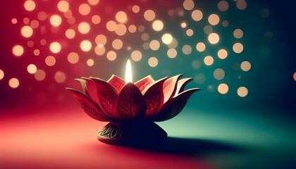 Happy diwali dark red and purple background with decorated lotus shaped diya oil lamp  and  blank text space, Bokeh effect