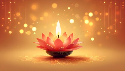 Happy diwali golden background with decorated lotus shaped diya oil lamp  and  blank text space, Bokeh effect