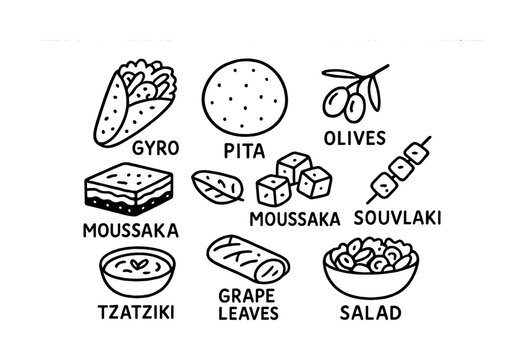 Greek cuisine icons: gyro, pita, moussaka, tzatziki, and more