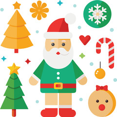 Fototapeta premium Vector art of flat design illustration of santa claus with christmas trees, ornaments, candy canes, and gingerbread cookies