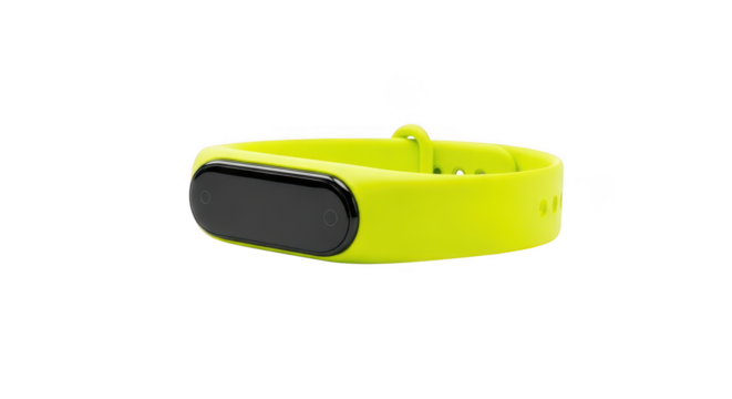 Bright yellow fitness tracker with black screen isolated on transparent background