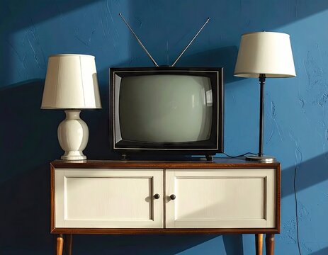 Vintage Retro Television Set on a Wooden Cabinet in a Blue Room.