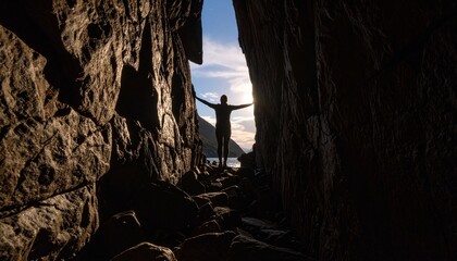 Silhouette of a person standing with legs apart between two rock faces