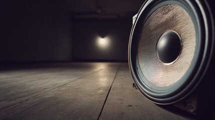 Lowangle closeup of a vintage audio speaker with metallic mesh grille on a dark wooden platform illuminated by warm spotlight, creating a dramatic and nostalgic atmosphere with copy space to the righ
