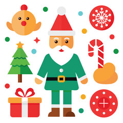 Obraz premium Vector art of flat design illustration of santa claus with christmas tree, gift box, candy cane, snowflake, and chick