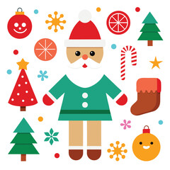 Vector art of flat design illustration of santa claus with christmas tree, gift box, candy cane, snowflake, and chick
