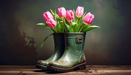 Pink tulips in weathered green rubber boots on a rustic wooden surface