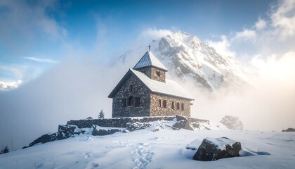 Fototapeta premium Stone Church on Snowy Mountain Peak with Cloud Cover and Dramatic Sky