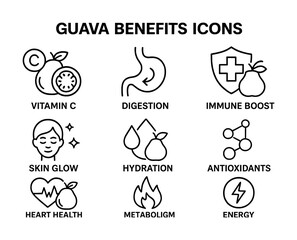 Guava health benefits icons: vitamin c, digestion, immune boost, skin glow, heart health