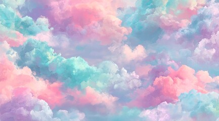 Cute delicate clouds, seamless pattern, pastel colors, pink, blue, purple, green, turquoise, soft and dreamy atmosphere, fairytale texture, fantasy inspired, watercolor painting