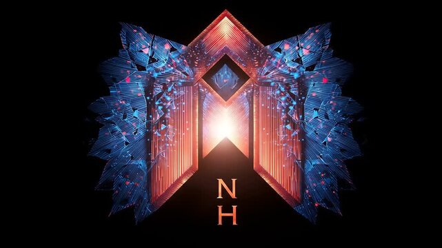 Intricate, vibrant graphic design features a bold monogram with a futuristic, digital feel.