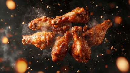 a bunch of fried chicken wings flying through the air