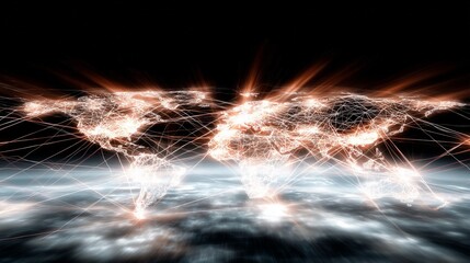Global data network spreading across world map with glowing light connections, digital communication, text space.