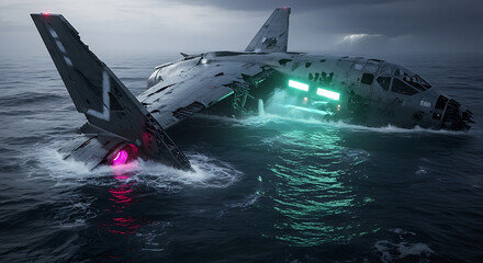 Futuristic aircraft submerged in water with glowing lights, digital art