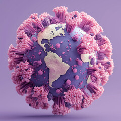 Stylized 3D Model of the Earth Globe Inside a Coronavirus-Like Structure on Purple Background